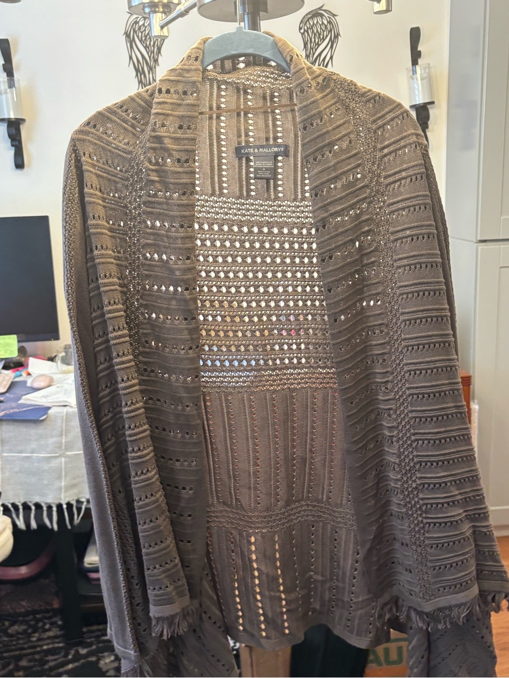 Kate & Mallory Taupe Openwork Knit Cardigan